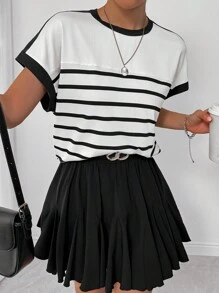 Chiquease 女士短袖 T 恤，夏季服装，拼布，条纹，色块 - 黑與白 - 查看 1