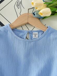 SHEIN Genkimix Kids 2 chiếc áo sơ mi trơn tay ngắn màu trơn thường ngày cho bé gái kết hợp với quần ống rộng cạp chun, bộ mùa hè - Màu xanh lam - Xem 5