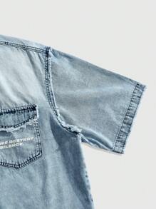 ROMWE MEN Street Life 男式宽松印花牛仔上衣、牛仔短袖衬衫 - 彩色 - 查看 3