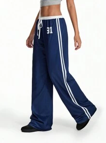 TRNVIE 复古运动风格拼色条纹休闲宽松裤，女式低腰直筒裤，百搭