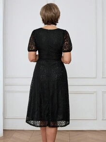 Miaspire Spring/Summer Casual V-Neck Lace Trim Puff Sleeve Mid-Length Lace Dress For Women