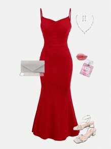 SHEIN Girlism 少女聚会紧身鱼尾下摆纯色休闲优雅吊带红色中长连衣裙，情人节装 - 紅色 - 查看 1