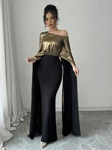 Elenzga Elegant Women's Luxury Evening Gown With Large Flared Sleeves And Gold Foil Details - Multicolor - View 7
