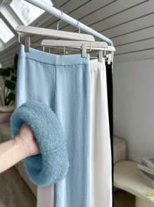 Chiquease 1 件女式高腰条纹针织喇叭裤，弹力修身踝长阔腿裤，秋冬