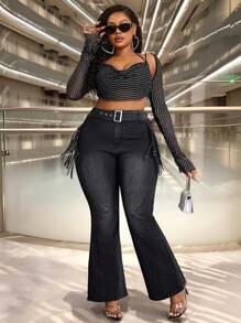 Slaydiva Plus Size Denim High Stretch Fringe Trim Flared Pants - Black - View 4