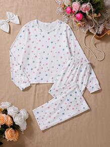 Tween Girls Star Print White Base 2 Pieces Casual Comfortable Pajama Set, Long Sleeve Top And Pants