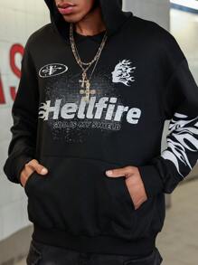 PAVTROS Best - Selling On INS! This Is A Black Street - Style Hoodie For Young Men. The Back Design Is Eye - Catching. Against A White Flame - Outline Background, There Is A Red Pattern In The Center Of The Flames. The Overall Style Is Flamboyant , Making It Perfect For Street - Style Enthusiasts Who Pursue Individuality.Men's Character Print Long Sleeve Casual Hoodie