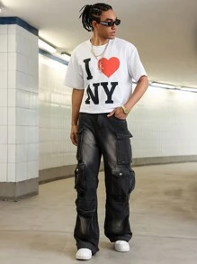 PAVTROS 男士字母与心形印花圆领短袖休闲 T 恤 - 白色 - 查看 3