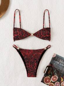 SHEIN Swim 2 件套女士性感蛇皮印花细肩带系带丁字裤比基尼泳装夏季 - 彩色 - 查看 1