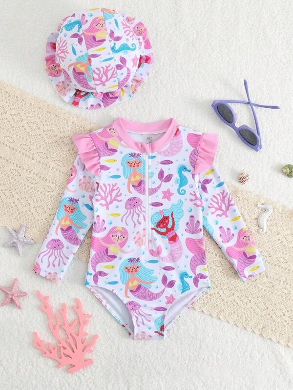 Traje de baño de una pieza con estampado de sirena de dibujos animados, manga larga y volantes para bebé niña