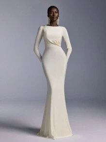 Elitara 优雅轻盈褶皱前露背长袖圆领鱼尾下摆伴娘礼服 - 香檳色 - 查看 6