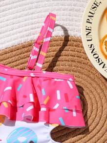 Baby Girl Simple & Casual Daily Swimsuit, Cute Cartoon Print  Double Ruffle One Piece Swimsuit With Adjustable Straps For Beach Vacation In Summer - Pink - View 3