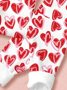 SHEIN Leap Crew 年轻女孩可爱手绘心形印花，粉色和红色，休闲简约柔软舒适长袖裤紧身睡衣家居服套装，春夏，情人节衣服 - 彩色 - 查看 4