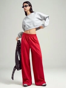 LYSMO 女士松紧腰侧条纹阔腿宽松休闲裤