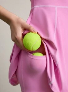 CourtClass Damen Farbblock Trichter Kragen Halb Reißverschluss Ärmelloses Rosa Dehnbares Sport Kleid Set