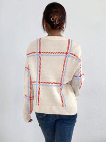 SHEIN LUNE Casual Drop Shoulder Contrast Color Plaid Sweater, Autumn/Winter