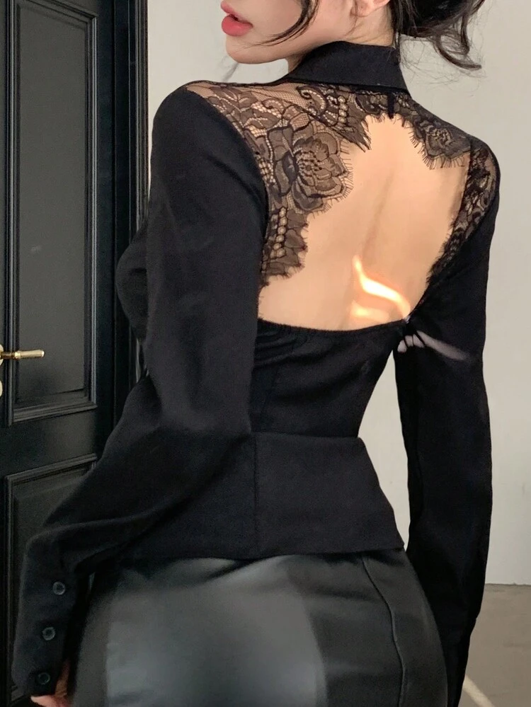Women's Contrast Lace Backless Party Short Sleeve Black Shirt, Spring/Summer,Halter Top Long Sleeve Top