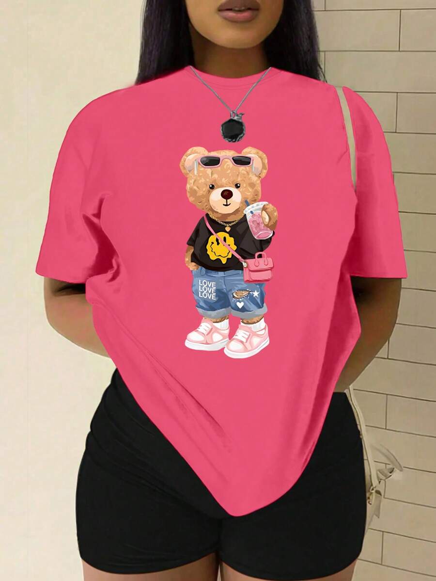 Flirla Plus Size Casual Summer Short Sleeve T-Shirt With Teddy Bear Print Graphic Tees Women Tops - Hot Pink - View 1