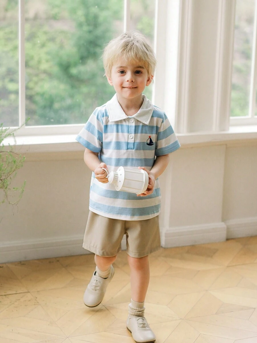 SHEIN Boys' Casual Striped Polo Shirt, Short Sleeve, Spring/Autumn - Multicolor - View 1