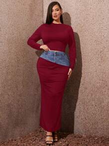 SHEIN SXY 大码女式勃艮第红色和牛仔效果拼布印花短上衣和中长裙两件套，适合秋冬季、约会之夜、生日、单身派对装、休闲、购物、街头装、外出，易于搭配且看起来苗条，凸显身材，迷人的轮廓