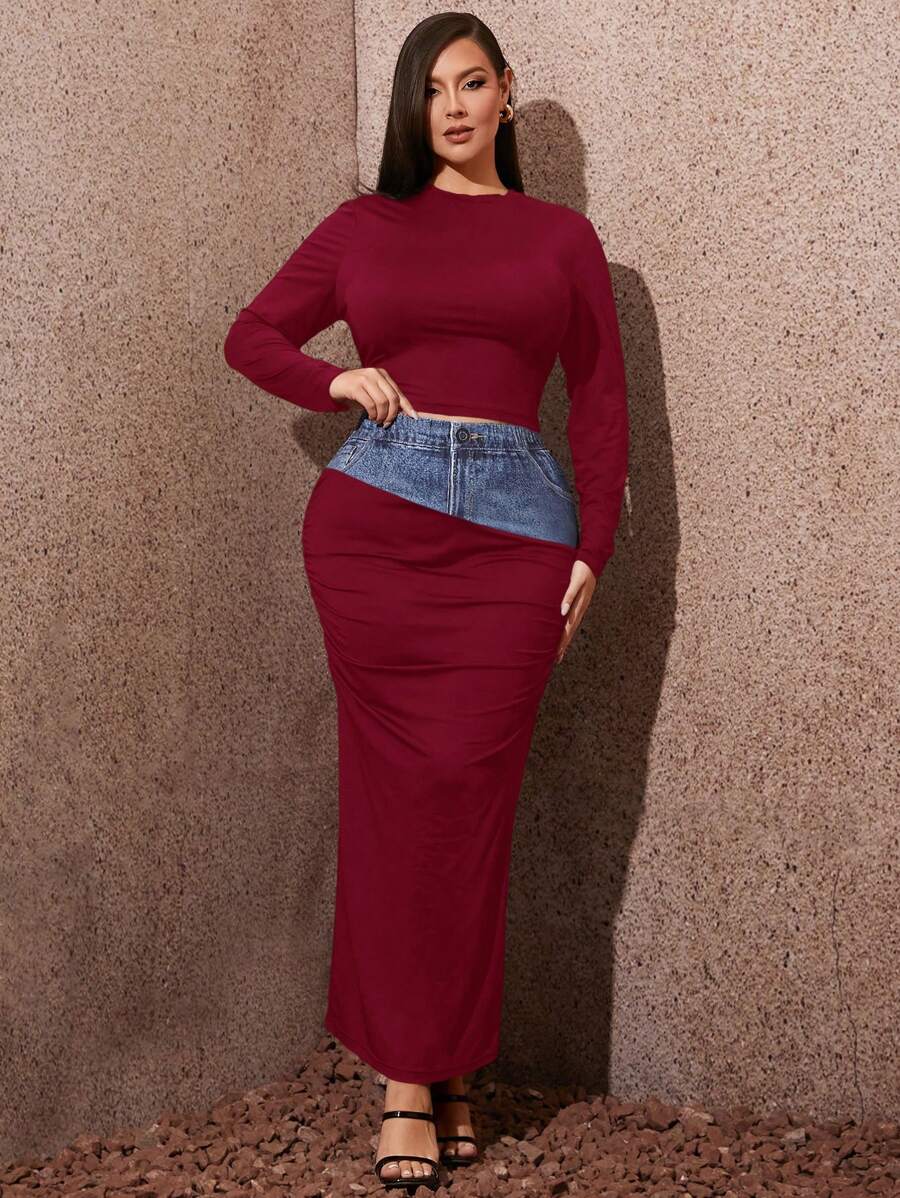 SHEIN SXY 大码女式勃艮第红色和牛仔效果拼布印花短上衣和中长裙两件套，适合秋冬季、约会之夜、生日、单身派对装、休闲、购物、街头装、外出，易于搭配且看起来苗条，凸显身材，迷人的轮廓