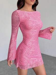 SHEIN PETITE Sexy Pink Jacquard Mesh Backless Long Sleeve Party Dress For Women