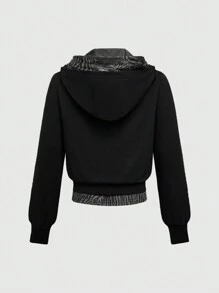 ROMWE Grunge Punk Vintage Girl Zebra Patchwork Contrast Color Zip-Up Hooded Sweatshirt For Women - Black - View 2