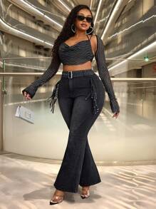 Slaydiva Plus Size Denim High Stretch Fringe Trim Flared Pants - Black - View 2