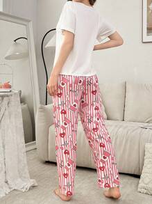 粉红爱心 & 咖啡印花短袖T恤和裤子套装 - 粉色 - 查看 2