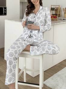 RueChic Women 2 Pcs Button Front With Contrast Printed Detail Homewear PJ Set - White - View 5