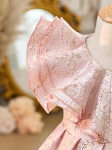 Young Girl Jacquard Weave Ruffle Collar Fitted Casual Dress - Pink - View 5