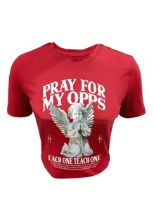 SHEIN Slayr Women Summer Casual Angel Slogan Print Slim Fit Cropped T-Shirt PRAY FOR MY OPPS EACH ONE TEACH ONE It Provides Comfort And Strength In Times Of Adversity, Offering Hope And Reassurance It Fosters A Sense Of Gratitude, Reminding Us Of The Blessings We Often Overlook Through Prayer, We Find Peace Amidst Chaos, And Clarity Amidst Confusion - Red - View 4