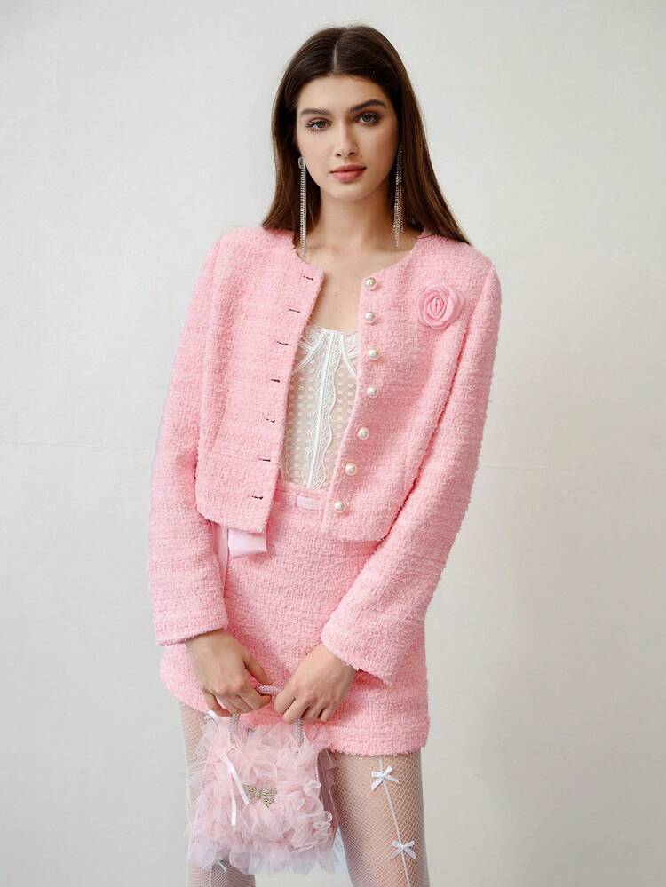 MOTF STUDIO Conjunto de chaqueta y falda de estéreo de tweed con estampado floral, atuendo para el Día de San Valentín