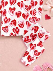 SHEIN Leap Crew 年轻女孩可爱手绘心形印花，粉色和红色，休闲简约柔软舒适长袖裤紧身睡衣家居服套装，春夏，情人节衣服 - 彩色 - 查看 5