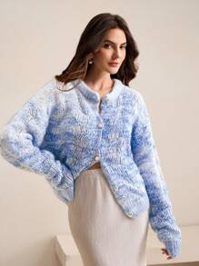 Anewsta Ombre Pink Soft Textured Round Neck Pearl Button Loose Romantic Knit Cardigan, Autumn/Winter, Christmas