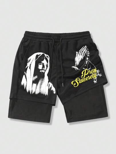 Goth Pantalones cortos deportivos con cordón en la cintura, estampado de figura gótica y letras, 2 en 1, para Halloween