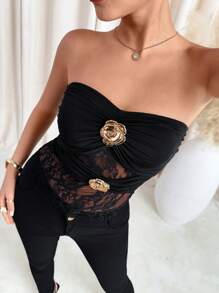 SHEIN Clasi Women's 3D Flower Lace Patchwork See-Through Vest Top, Sexy Camisole For Valentine's Day Festival  Boho