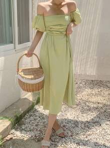 DAZY Women's Long Off Shoulder Solid Color Casual Dress, Simple & Fashionable For Everyday Wear Sundress