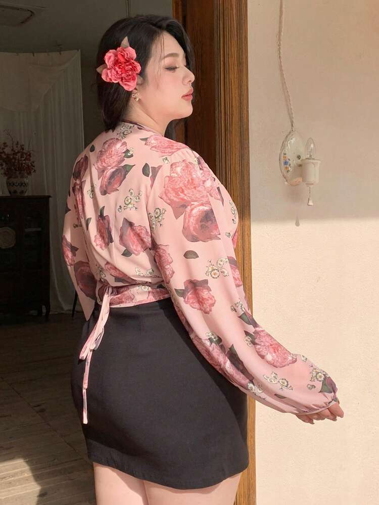 Dazy Plus Plus Size Vacation Floral Print Lantern Sleeve Chiffon Blouse, Spring/Summer Long Sleeve Top