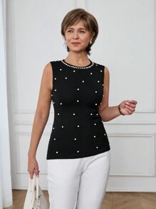 SHEIN LUNE Spring & Summer Casual Beaded Basic Sleeveless Sweater For Women - Black - View 3
