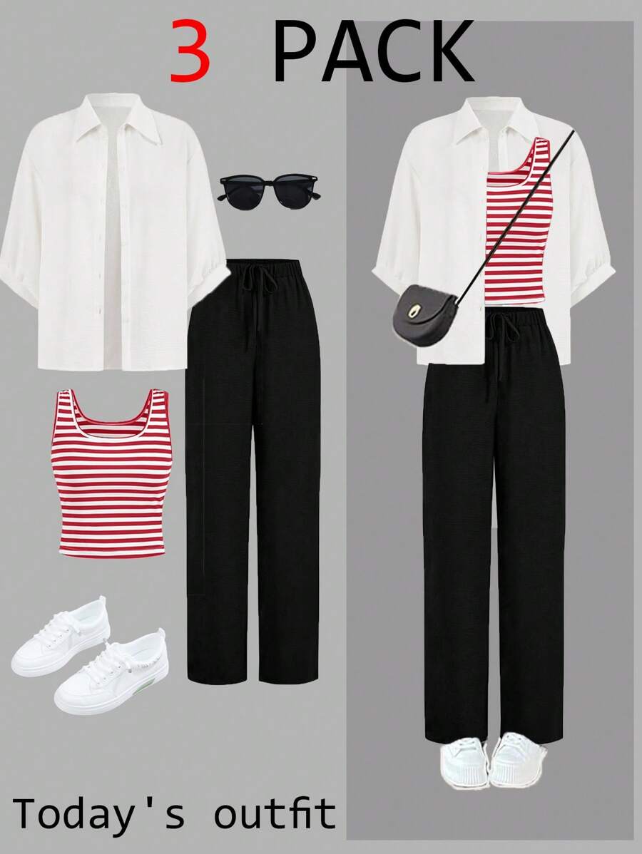 SHEIN LUNE Bộ 3 món thu đông 2024 gồm áo vest sọc, quần và áo khoác, trang phục sân bay - Đỏ và trắng - Xem 1