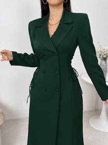 Modelyn Women's Solid Color Button-Front Long Sleeve Casual Long Coat - Dark Green - View 5