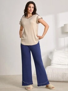 Lazeform Conjunto de ropa informal para el hogar con pantalones de mujer con cuello redondo, volantes y mangas cortas de color contrastante