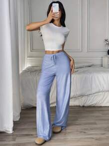 SHEIN Unity Pantalones anchos con cordones de frente para mujer, ajuste holgado para uso diario - Azul - Ver 3