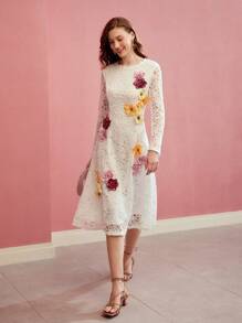 MOTF PREMIUM VESTIDO MIDI DE ENCAJE CON PARCHES FLORALES HECHO A MANO - Blanco - Ver 6