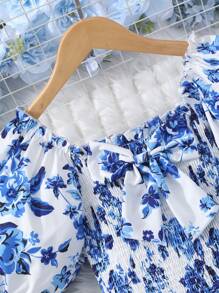 Sparklyn Đầm thường ngày tay ngắn in họa tiết hoa cho bé gái tuổi teen - Màu xanh lam - Xem 8