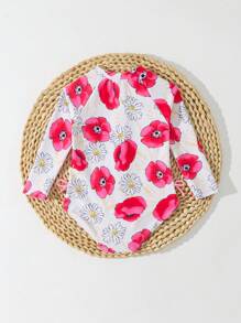 Baby Girl Floral Print Keyhole Long Sleeve Rash Guard One-Piece Swimsuit With Headband - Multicolor - View 4