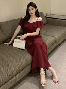 DAZY Women V-Neck Ruffle Trim Midi Dress, Solid Color For Date Night, Valentine's Day, Chinese New Year Elegant Sundress Red Women Dresses Prom Dress Christmas