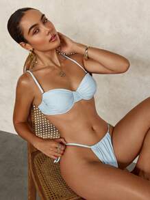 Conjunto de biquíni feminino de alças finas, cor sólida, top e calcinha, férias de verão na praia - Verde - Ver 1
