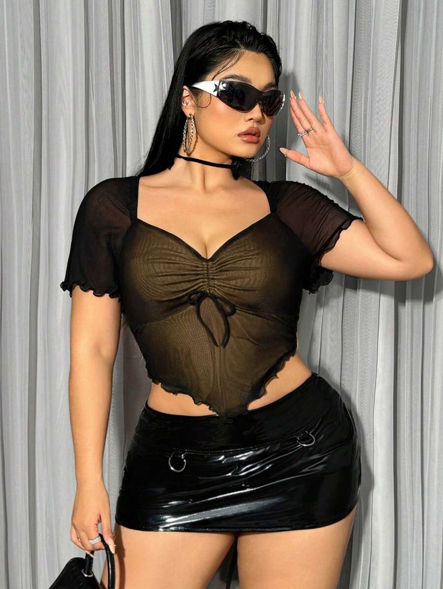 SHEIN ICON 大码褶皱胸围结饰前生菜边网眼上衣 - 杏色 - 查看 1